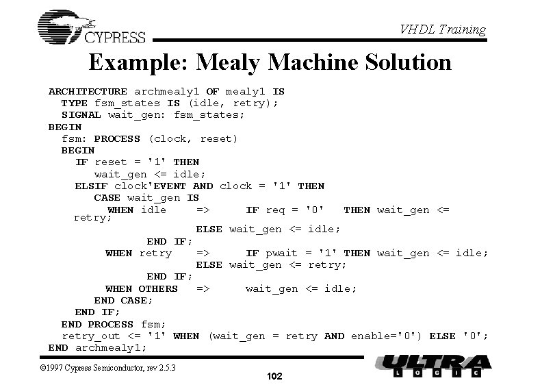 VHDL Training Example: Mealy Machine Solution ARCHITECTURE archmealy 1 OF mealy 1 IS TYPE VHDL Training Example: Mealy Machine Solution ARCHITECTURE archmealy 1 OF mealy 1 IS TYPE