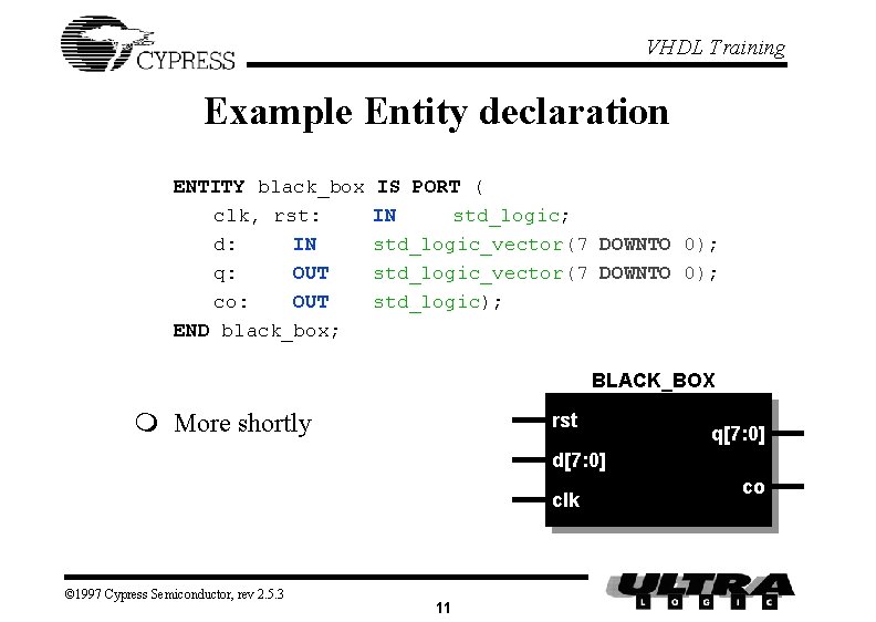 VHDL Training Example Entity declaration ENTITY black_box clk, rst: d: IN q: OUT co: