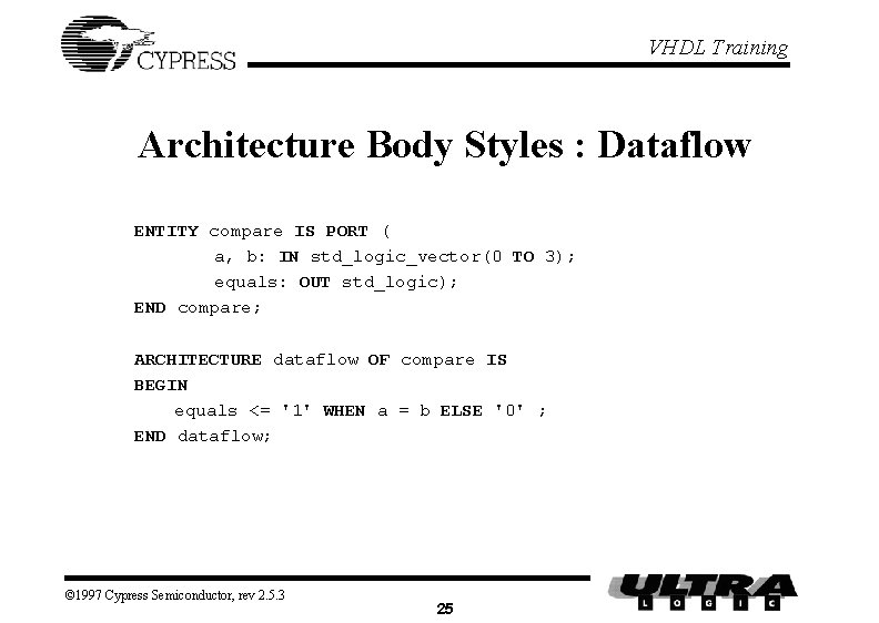 VHDL Training Architecture Body Styles : Dataflow ENTITY compare IS PORT ( a, b: VHDL Training Architecture Body Styles : Dataflow ENTITY compare IS PORT ( a, b: