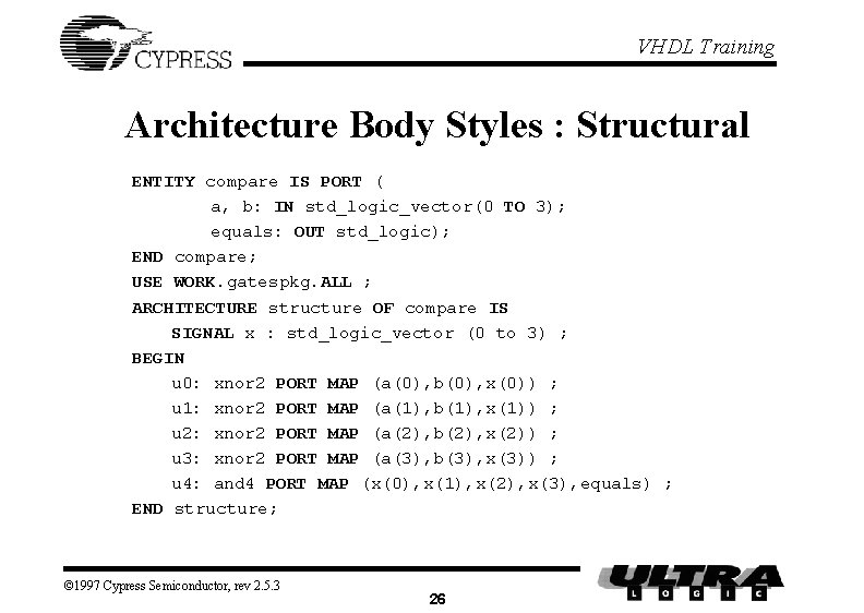 VHDL Training Architecture Body Styles : Structural ENTITY compare IS PORT ( a, b: VHDL Training Architecture Body Styles : Structural ENTITY compare IS PORT ( a, b: