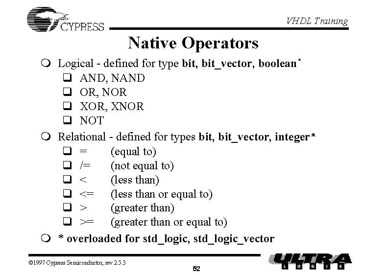 VHDL Training Native Operators m Logical - defined for type bit, bit_vector, boolean* q VHDL Training Native Operators m Logical - defined for type bit, bit_vector, boolean* q