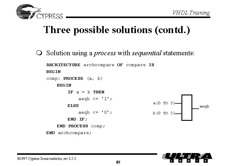 VHDL Training Three possible solutions (contd. ) m Solution using a process with sequential