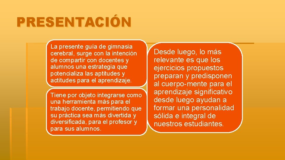 PRESENTACIÓN La presente guía de gimnasia cerebral, surge con la intención de compartir con