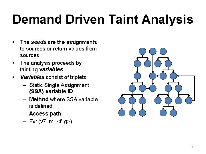 Demand Driven Taint Analysis • • • The seeds are the assignments to sources