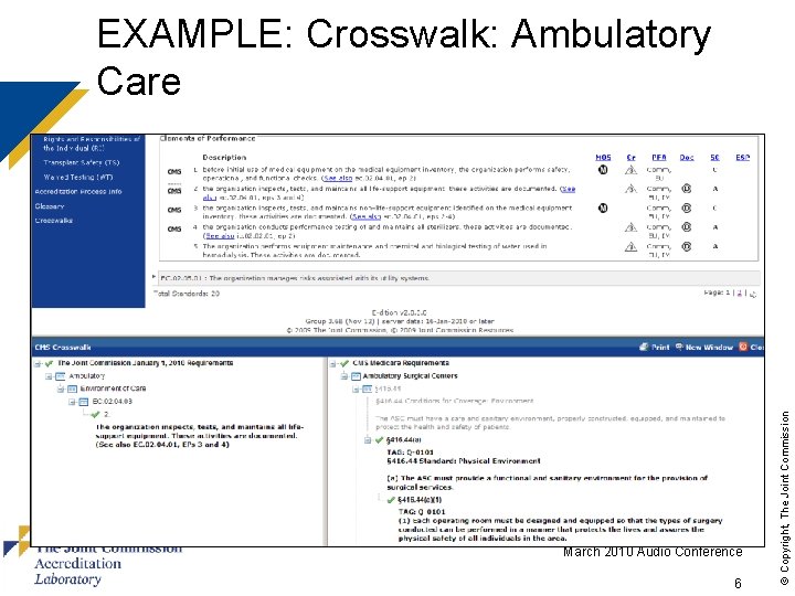 March 2010 Audio Conference 6 © Copyright, The Joint Commission EXAMPLE: Crosswalk: Ambulatory Care