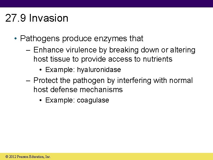 27. 9 Invasion • Pathogens produce enzymes that – Enhance virulence by breaking down