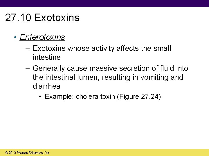 27. 10 Exotoxins • Enterotoxins – Exotoxins whose activity affects the small intestine –