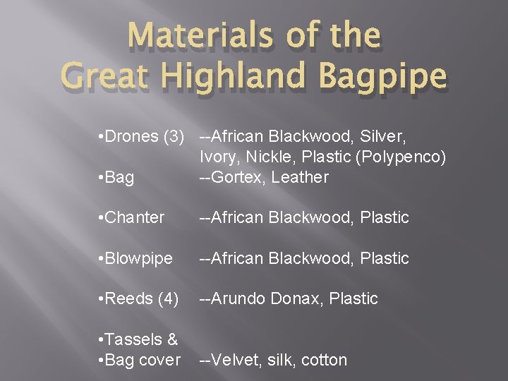 Materials of the Great Highland Bagpipe • Drones (3) --African Blackwood, Silver, Ivory, Nickle,