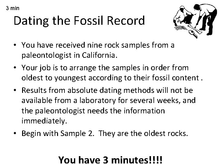 3 min Dating the Fossil Record • You have received nine rock samples from