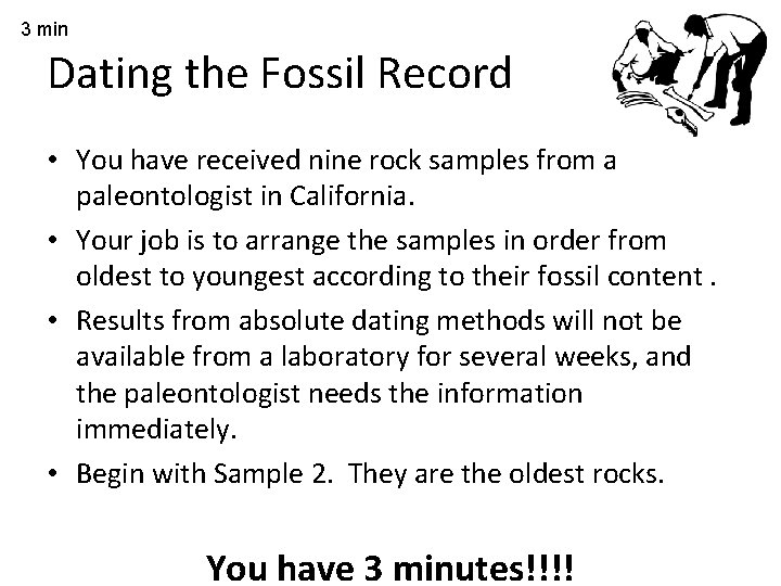 3 min Dating the Fossil Record • You have received nine rock samples from