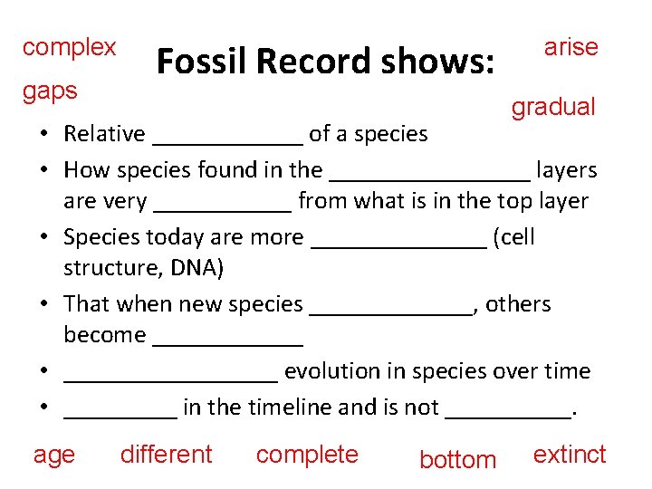 complex gaps Fossil Record shows: arise gradual • Relative ______ of a species •