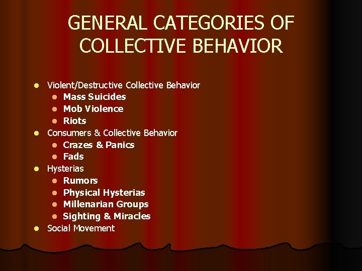 GENERAL CATEGORIES OF COLLECTIVE BEHAVIOR Violent/Destructive Collective Behavior l Mass Suicides l Mob Violence