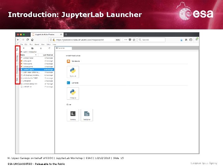 Introduction: Jupyter. Lab Launcher M. López-Caniego on behalf of ESDC | Jupyter. Lab Workshop