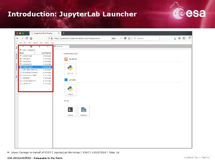 Introduction: Jupyter. Lab Launcher M. López-Caniego on behalf of ESDC | Jupyter. Lab Workshop