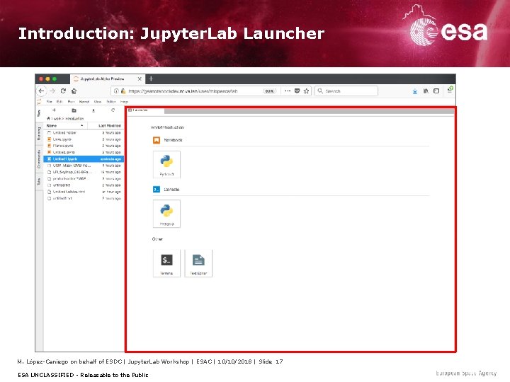 Introduction: Jupyter. Lab Launcher M. López-Caniego on behalf of ESDC | Jupyter. Lab Workshop