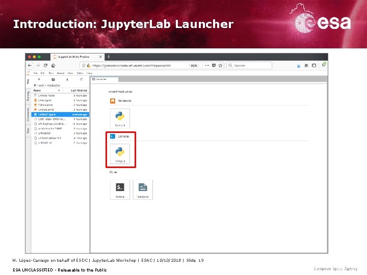 Introduction: Jupyter. Lab Launcher M. López-Caniego on behalf of ESDC | Jupyter. Lab Workshop