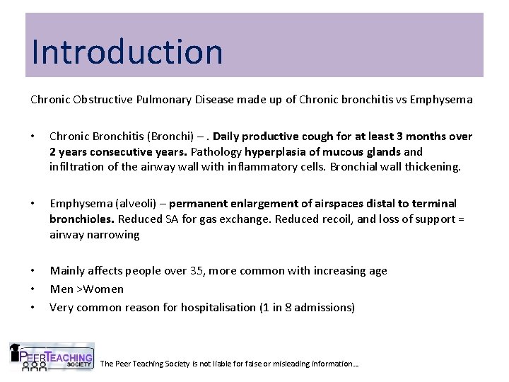 Introduction Chronic Obstructive Pulmonary Disease made up of Chronic bronchitis vs Emphysema • Chronic