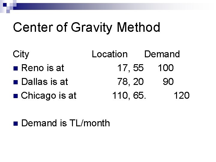 Center of Gravity Method City n Reno is at n Dallas is at n