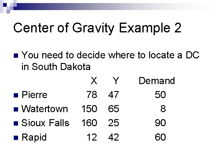 Center of Gravity Example 2 You need to decide where to locate a DC