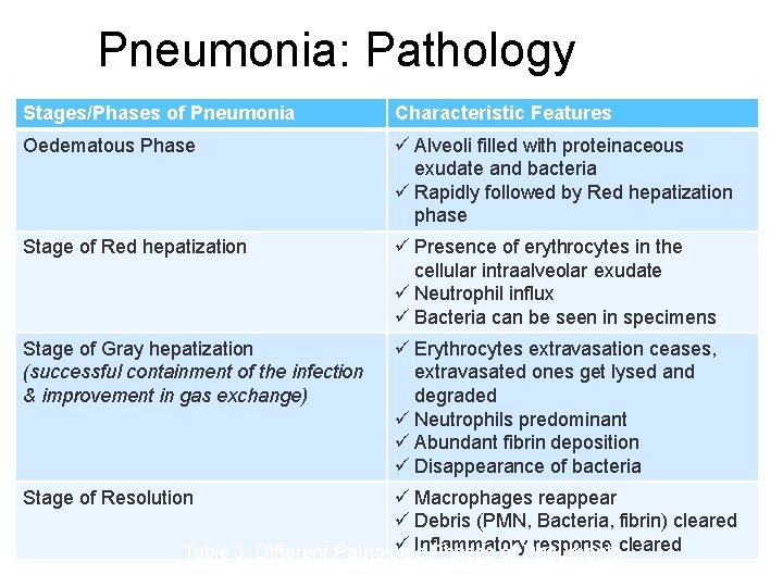 Pneumonia: Pathology Stages/Phases of Pneumonia Characteristic Features Oedematous Phase Alveoli filled with proteinaceous exudate