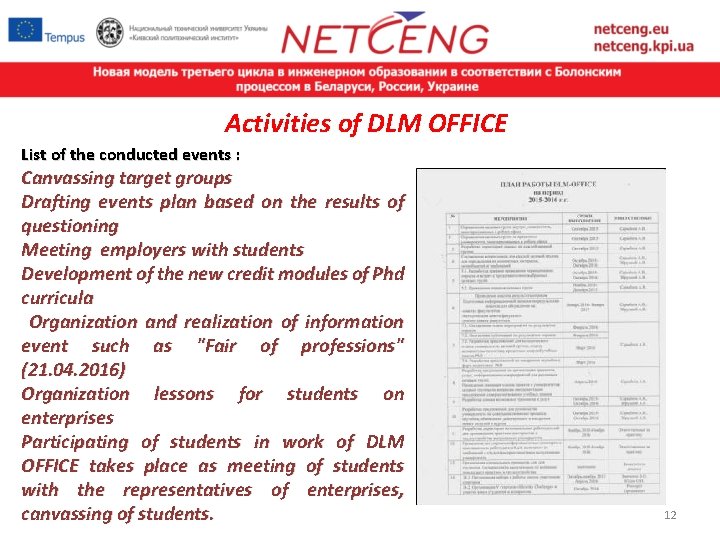 Activities of DLM OFFICE List of the conducted events : Canvassing target groups Drafting