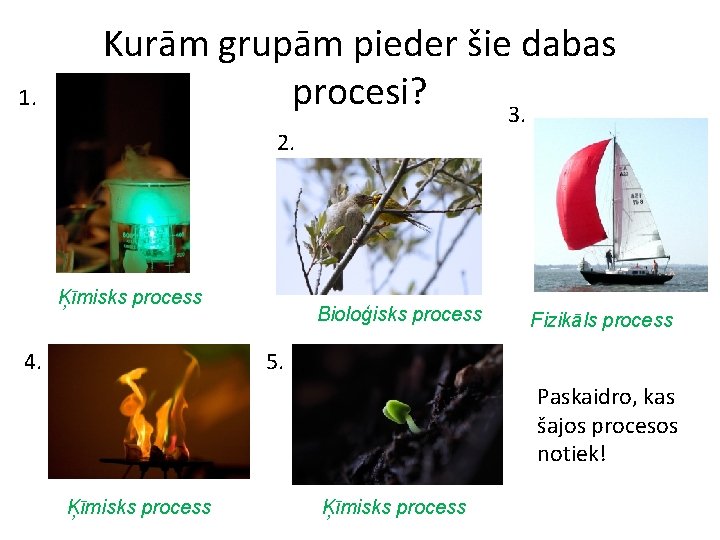 1. Kurām grupām pieder šie dabas procesi? 3. 2. Ķīmisks process 4. Bioloģisks process