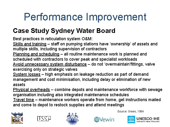 Performance Improvement Case Study Sydney Water Board Best practices in reticulation system O&M: Skills