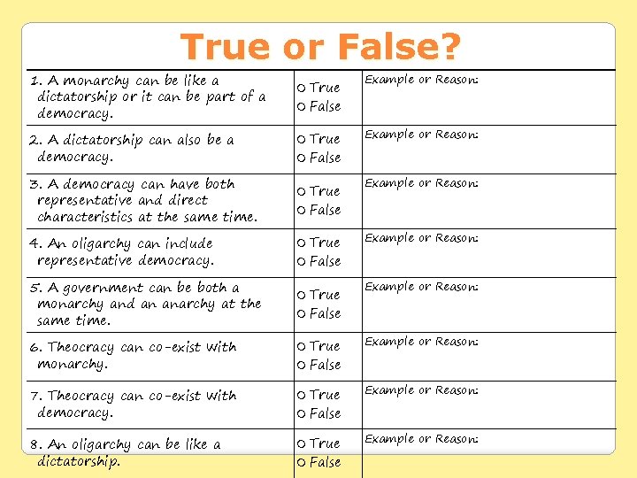 True or False? 1. A monarchy can be like a dictatorship or it can