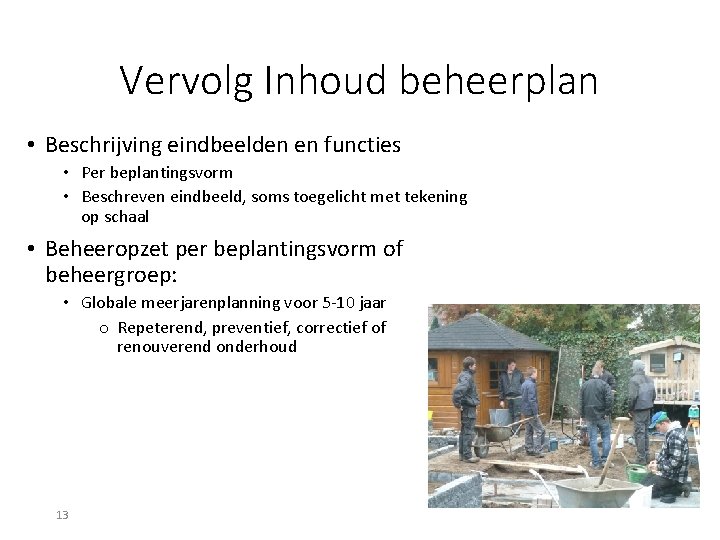 Vervolg Inhoud beheerplan • Beschrijving eindbeelden en functies • Per beplantingsvorm • Beschreven eindbeeld,