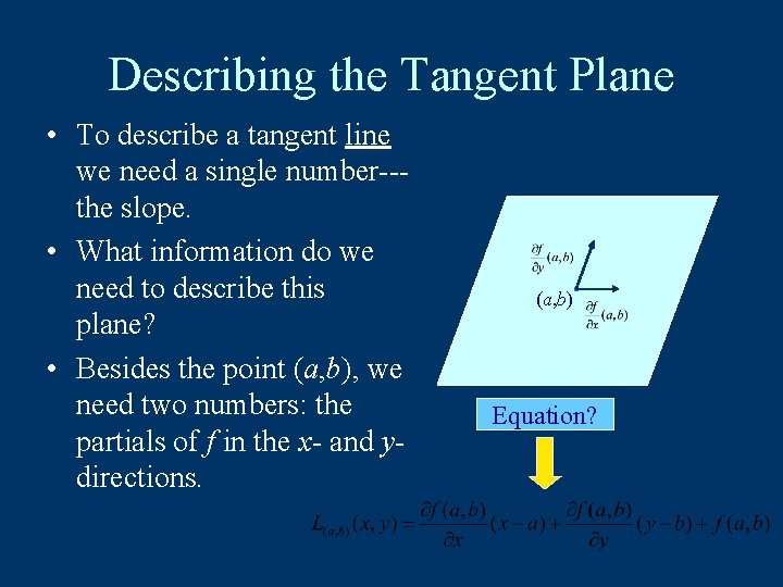 Describing the Tangent Plane • To describe a tangent line we need a single