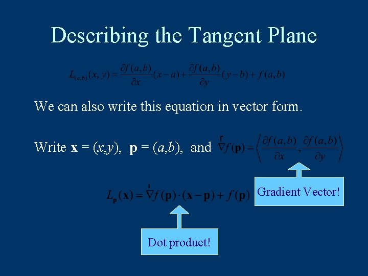 Describing the Tangent Plane We can also write this equation in vector form. Write