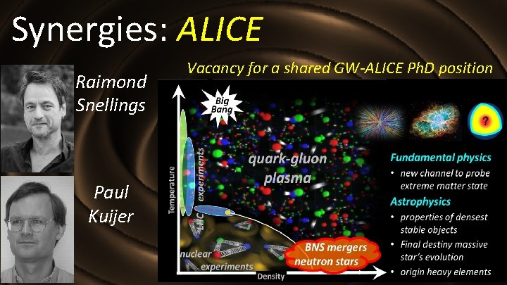 Synergies: ALICE Raimond Snellings Paul Kuijer Vacancy for a shared GW-ALICE Ph. D position