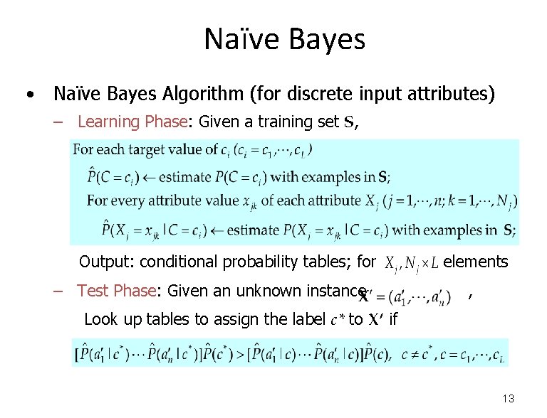 Naïve Bayes • Naïve Bayes Algorithm (for discrete input attributes) – Learning Phase: Given