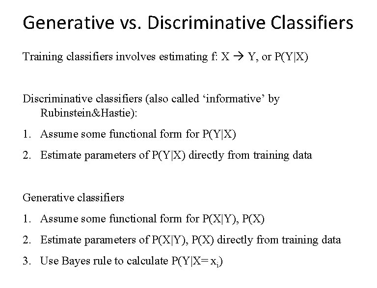 Generative vs. Discriminative Classifiers Training classifiers involves estimating f: X Y, or P(Y|X) Discriminative