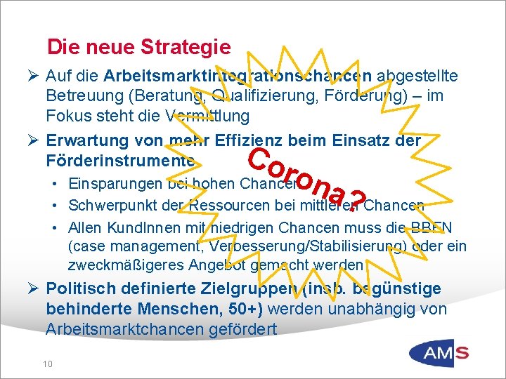 Die neue Strategie Ø Auf die Arbeitsmarktintegrationschancen abgestellte Betreuung (Beratung, Qualifizierung, Förderung) – im