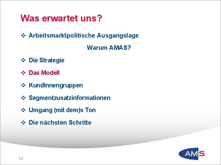 Was erwartet uns? v Arbeitsmarktpolitische Ausgangslage Warum AMAS? v Die Strategie v Das Modell