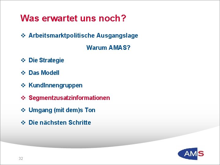 Was erwartet uns noch? v Arbeitsmarktpolitische Ausgangslage Warum AMAS? v Die Strategie v Das