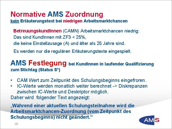 Normative AMS Zuordnung kein Erläuterungstext bei niedrigen Arbeitsmarktchancen Betreuungskund. Innen (CAMN) Arbeitsmarktchancen niedrig: Das