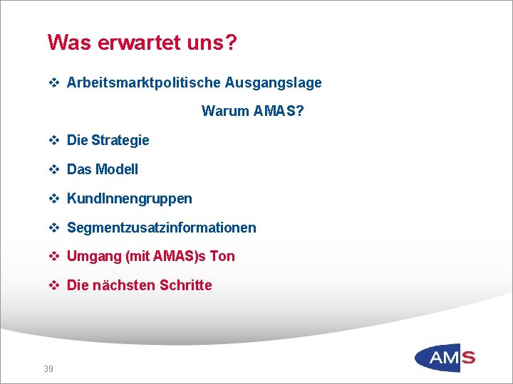 Was erwartet uns? v Arbeitsmarktpolitische Ausgangslage Warum AMAS? v Die Strategie v Das Modell