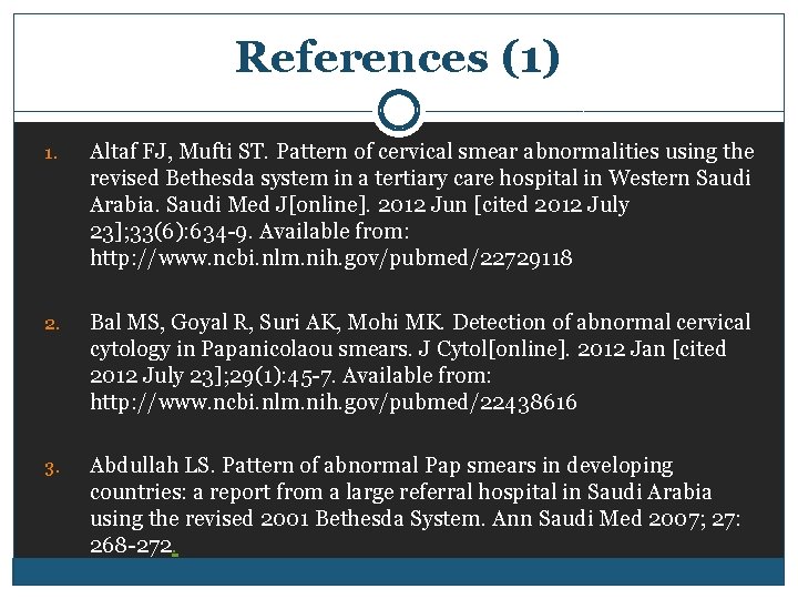 References (1) 1. Altaf FJ, Mufti ST. Pattern of cervical smear abnormalities using the