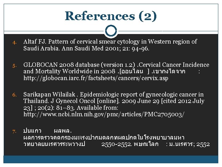 References (2) 4. Altaf FJ. Pattern of cervical smear cytology in Western region of