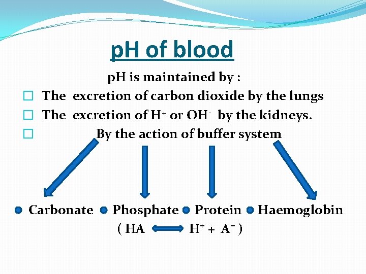  p. H of blood p. H is maintained by : � The excretion