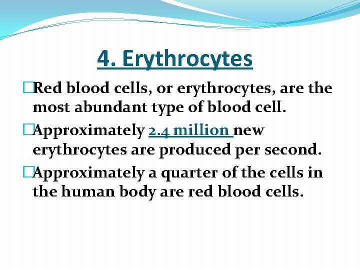  4. Erythrocytes �Red blood cells, or erythrocytes, are the most abundant type of