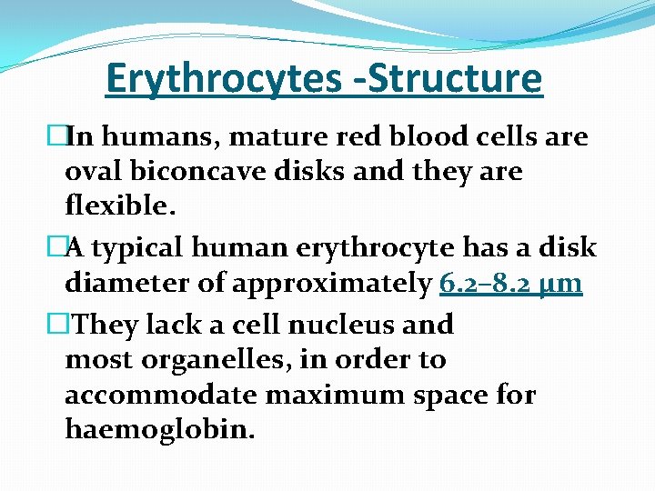  Erythrocytes -Structure �In humans, mature red blood cells are oval biconcave disks and
