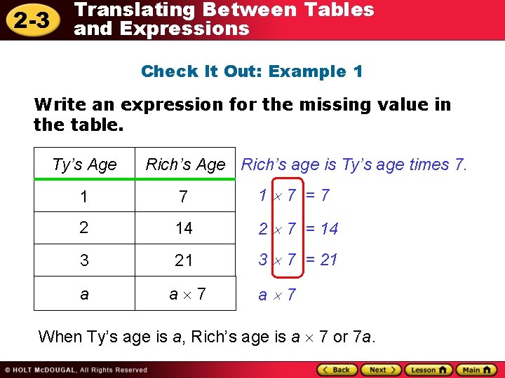 2 -3 Translating Between Tables and Expressions Check It Out: Example 1 Write an