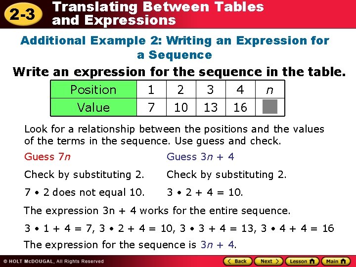 2 -3 Translating Between Tables and Expressions Additional Example 2: Writing an Expression for