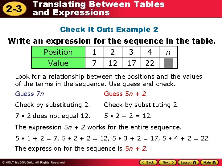 2 -3 Translating Between Tables and Expressions Check It Out: Example 2 Write an