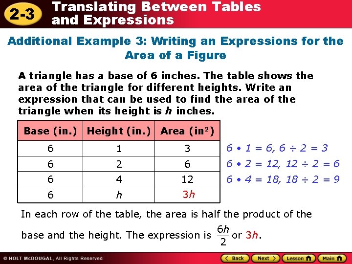 2 -3 Translating Between Tables and Expressions Additional Example 3: Writing an Expressions for
