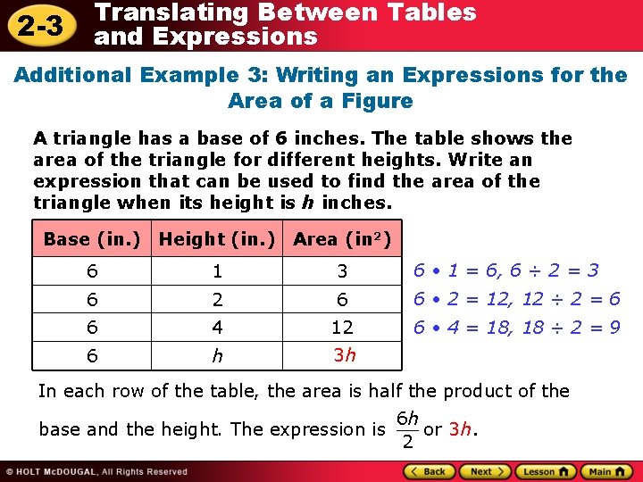 2 -3 Translating Between Tables and Expressions Additional Example 3: Writing an Expressions for 2 -3 Translating Between Tables and Expressions Additional Example 3: Writing an Expressions for