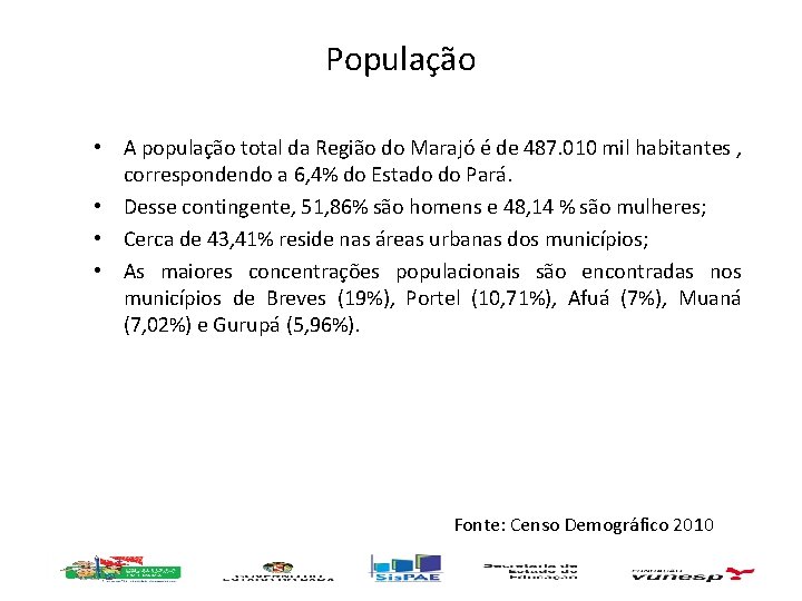 População • A população total da Região do Marajó é de 487. 010 mil